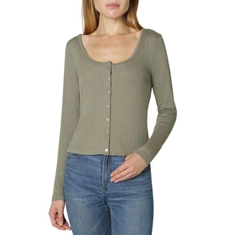 Shirt Top Small Sage Green Pointelle Button Front - Picture 5 of 7